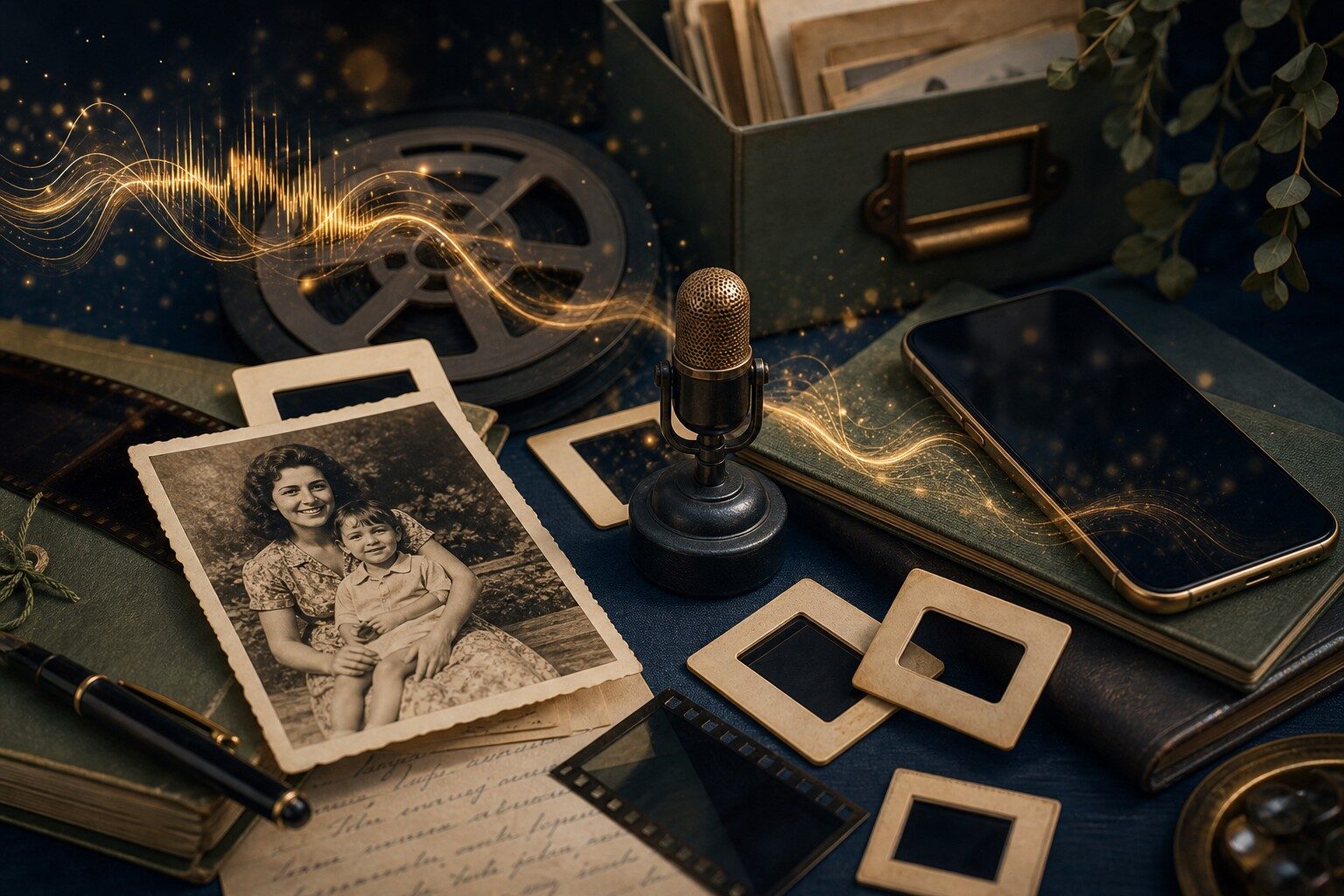 Photographs, a microphone, film, and a phone preserving multimedia memories