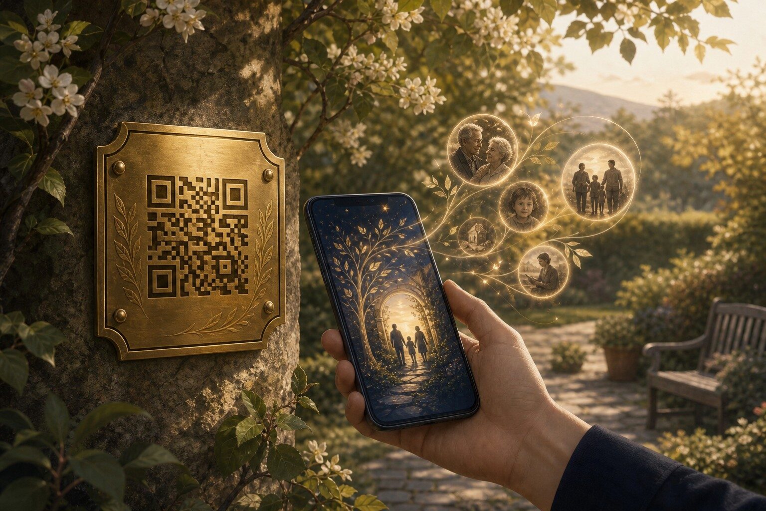 A memorial QR marker connecting visitors to an organized digital life story